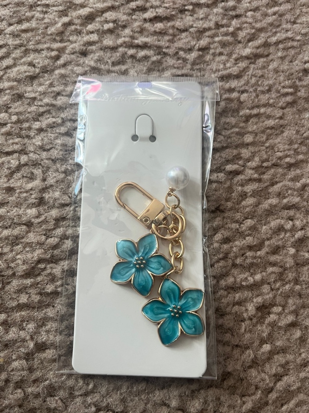 Gold Keychain with Teal Flower Charms